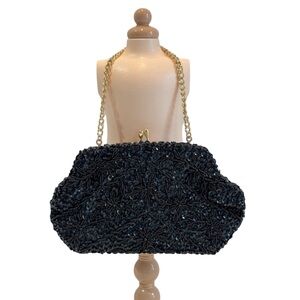 Vintage Black Beaded &‎ Gold Wristlet Chain or Wear as a Clutch Evening Bag